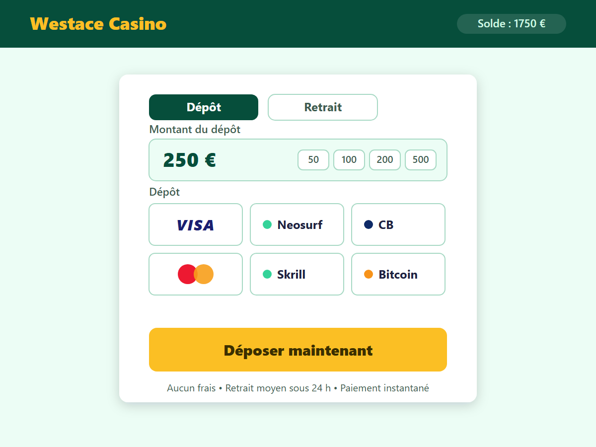 Page de dépôt Westace Casino — méthodes de paiement